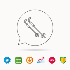 Skiing icon. Ski sticks or poles sign. Winter sport symbol. Calendar, Graph chart and Cogwheel signs. Download and Shield web icons. Vector