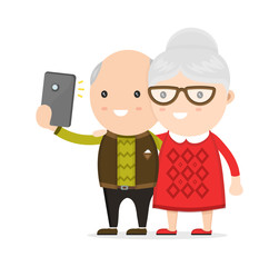 Old man and woman, grandmother and grandfather, Do selfie photo on a smartphone phone. Vector flat modern style illustration character icon design. Isolated on white background.  Progressive old men