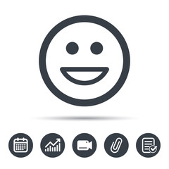 Happy smile icon. Smiley laugh emoticon symbol. Calendar, chart and checklist signs. Video camera and attach clip web icons. Vector