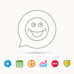 Smile icon. Positive happy face sign. Happiness and cheerful symbol. Calendar, Graph chart and Cogwheel signs. Download and Shield web icons. Vector