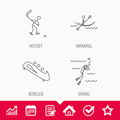 Ice hockey, diving and kayaking icons. Bobsled linear sign. Edit document, Calendar and Graph chart signs. Star, Check and House web icons. Vector
