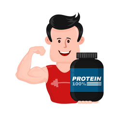Muscular strong sport fitness man with bank of protein.Shows arms biceps.Vector flat modern style illustration character icon design.Isolated on white background.Bodybuilding sports nutrition concept