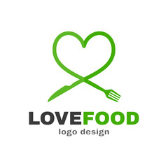 Love food modern style logo design. a spoon and a fork in the shape of a heart. Vector flat illustration icon. Isolated on white background