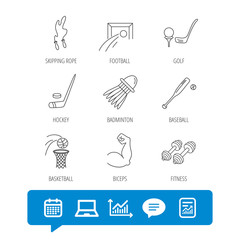 Skipping rope, football and golf icons. Hockey, baseball and badminton linear signs. Basketball, biceps and fitness sport icons. Report file, Graph chart and Chat speech bubble signs. Vector