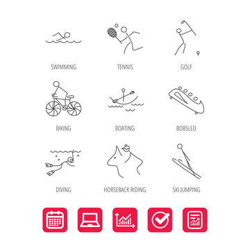 Swimming, tennis and golf icons. Biking, diving and horseback riding linear signs. Ski jumping, boating and bobsleigh icons. Report document, Graph chart and Calendar signs. Laptop and Check web icons
