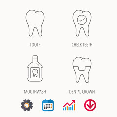 Tooth, dental crown and mouthwash icons. Check teeth linear sign. Calendar, Graph chart and Cogwheel signs. Download colored web icon. Vector