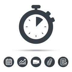 Stopwatch icon. Timer or clock device symbol. Calendar, chart and checklist signs. Video camera and attach clip web icons. Vector