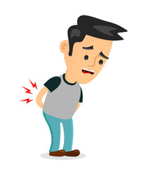 backache problems.vector flat cartoon concept illustration of men character design icon. Isolated on white background. Pain in back, ache, hurt, suffering