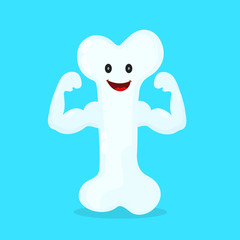 Strong happy healthy bone character. Vector flat cartoon illustration icon design. Isolated on blue backgound