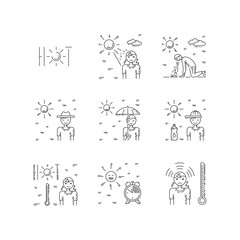 Vector linear illustration of the safety of a person on the sun. symptoms of sun stroke and measures of human security