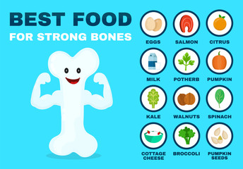 Best food for strong bones. Strong healthy bone character. Vector flat cartoon illustration icon. Isolated on blue backgound. Health food, diet, products, nutrition, nutriment infographic concept
