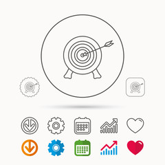 Target with arrow icon. Archery aiming sign. Professional shooter sport symbol. Calendar, Graph chart and Cogwheel signs. Download and Heart love linear web icons. Vector