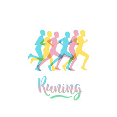 Fototapeta na wymiar The logo sports a running with letters written with a brush. Vector image in a flat style with a group of athletes runners on a white isolated background