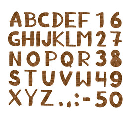 Wood tree texture font. Alphabet, vector set with all wooden letters and numbers. Isolated on white background