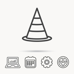 Traffic cone icon. Road warning sign. Notebook, Calendar and Cogwheel signs. Download arrow web icon. Vector