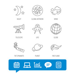 Ufo, planet and telescope icons. World, global network and night linear signs. TNT dynamite, fire flame and wind flat line icons. Report file, Graph chart and Chat speech bubble signs. Vector