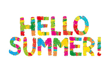 Hello summer color rainbow abstract lettering. handwritten inscription. Hand drawn lettering calligraphy. Hello summer card. Vector illustration. Isolated on white background. Kid, children,happy font