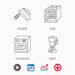 Dishwasher, oven and mixer icons. Blender linear sign. Calendar, Graph chart and Cogwheel signs. Download colored web icon. Vector