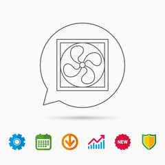Ventilation icon. Fan or propeller sign. Calendar, Graph chart and Cogwheel signs. Download and Shield web icons. Vector