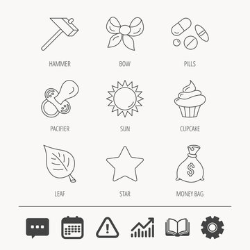 Money bag, star and bow icons. Leaf, pacifier and sun linear signs. Cupcake, pills and hammer flat line icons. Education book, Graph chart and Chat signs. Attention, Calendar and Cogwheel web icons