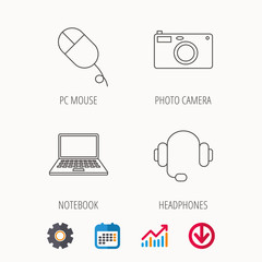 Photo camera, headphones and notebook laptop icons. PC mouse linear sign. Calendar, Graph chart and Cogwheel signs. Download colored web icon. Vector