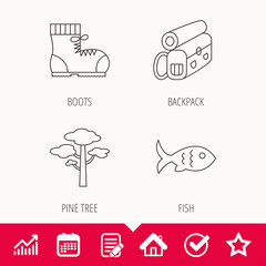 Pine tree, fish and hiking boots icons. Bonfire linear sign. Edit document, Calendar and Graph chart signs. Star, Check and House web icons. Vector