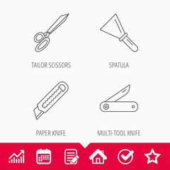 Paper knife, spatula and scissors icons. Multi-tool knife linear sign. Edit document, Calendar and Graph chart signs. Star, Check and House web icons. Vector