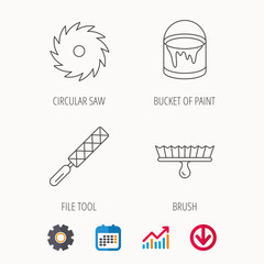 File tool, circular saw and brush tool icons. Bucket of paint linear sign. Calendar, Graph chart and Cogwheel signs. Download colored web icon. Vector