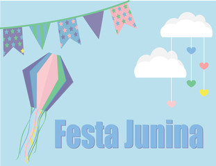 Festa Junina - June Party traditional Brazilian festival. Balloon and flags vector background