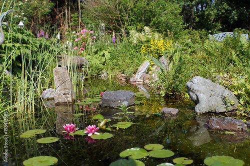 "naturnaher Gartenteich mit kleinem Wasserfall" Stock photo and royalty