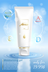 Advertising poster for cosmetic product for catalog, magazine. Vector design of cosmetic package. Moisturizing cream, gel, body lotion with vitamins. Vector illustration with isolated objects