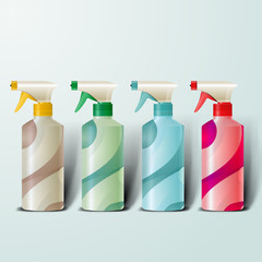 Mockup template for branding and product designs. Isolated realistic plastic bottles with dispenser spray and unique geometric design. Easy to use for advertising branding and marketing.