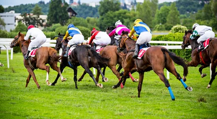 Photo sur Aluminium brossé Léquitation Race horses with jockeys on the home straight