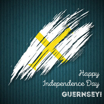 Guernsey Independence Day Patriotic Design. Expressive Brush Stroke in National Flag Colors on dark striped background. Happy Independence Day Guernsey Vector Greeting Card.