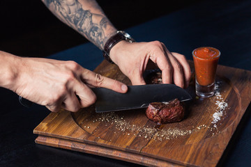 chef cooking food kitchen restaurant cutting cook hands hotel man male knife preparation fresh preparing concept - stock image