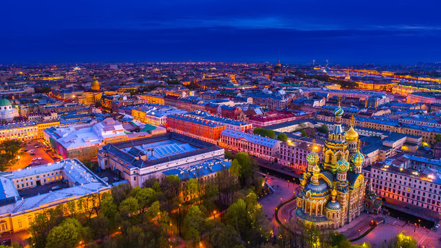 Savior on Spilled Blood. Museums of Saint-Petersburg. Night view of Peter from the air. Russia. SPb.