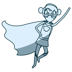 blue shading silhouette of superhero faceless female with collected hair flying in diagonal direction vector illustration