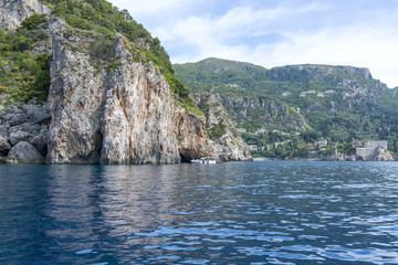 View of the Ionian Sea coast in Paleokastritsa resort. Corfu Island, Greece