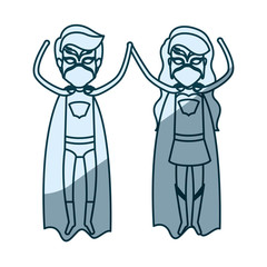 blue shading silhouette of faceless couple of superheroes flying vertically vector illustration