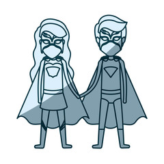 blue shading silhouette of faceless duo of superheroes united of the hands and her with long wavy hair vector illustration