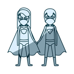 blue shading silhouette of faceless duo of superheroes united of the hands and her with straight long hair vector illustration