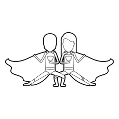 black silhouette of faceless duo of superheroes in defensive pose and her with straight long hair vector illustration