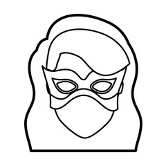 monochrome thick contour head of faceless girl superhero with long wavy hair with fringe and mask vector illustration