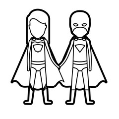 monochrome thick contour of faceless duo superheroes united of the hands and her with straight long hair vector illustration