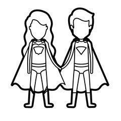 monochrome thick contour of faceless couple of superheroes united of the hands and her with long wavy hair vector illustration