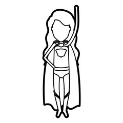 monochrome thick contour of standing faceless superhero girl with long hair flying with arm up vector illustration