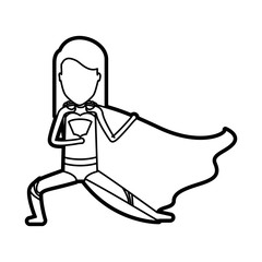 monochrome thick contour of standing faceless girl superhero in defensive pose vector illustration