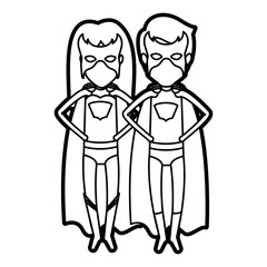 monochrome thick contour of faceless couple of superheroes flying with hands in your waist vector illustration