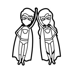 monochrome thick contour of faceless couple of superheroes flying and holding hands vector illustration