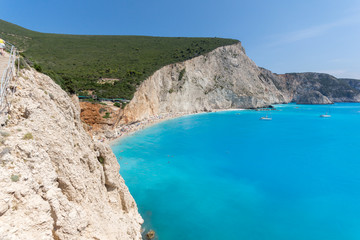 Fototapeta na wymiar Amazing seascape of blue waters of Porto Katsiki Beach, Lefkada, Ionian Islands, Greece